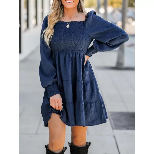 imageCUPSHE Womens Mini Dress Square Neck Smocked Long Sleeve Tiered Ruffled Short Dresses Navy BlueNavy Blue