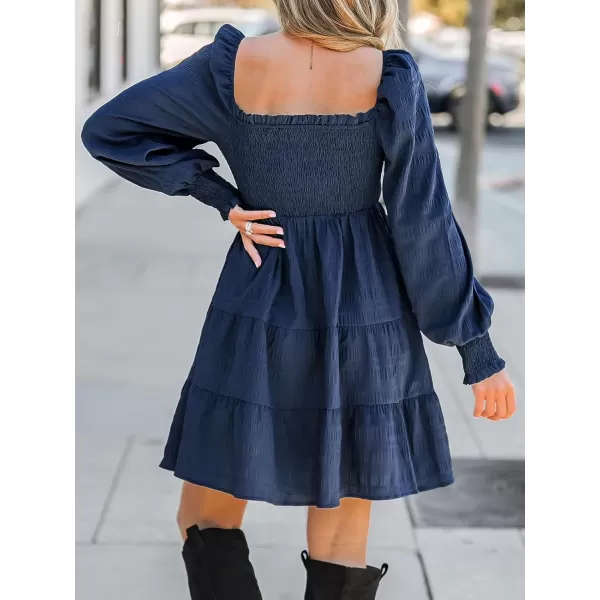 imageCUPSHE Womens Mini Dress Square Neck Smocked Long Sleeve Tiered Ruffled Short Dresses Navy BlueNavy Blue