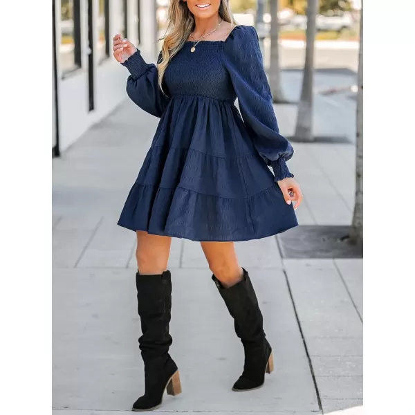 imageCUPSHE Womens Mini Dress Square Neck Smocked Long Sleeve Tiered Ruffled Short Dresses Navy BlueNavy Blue