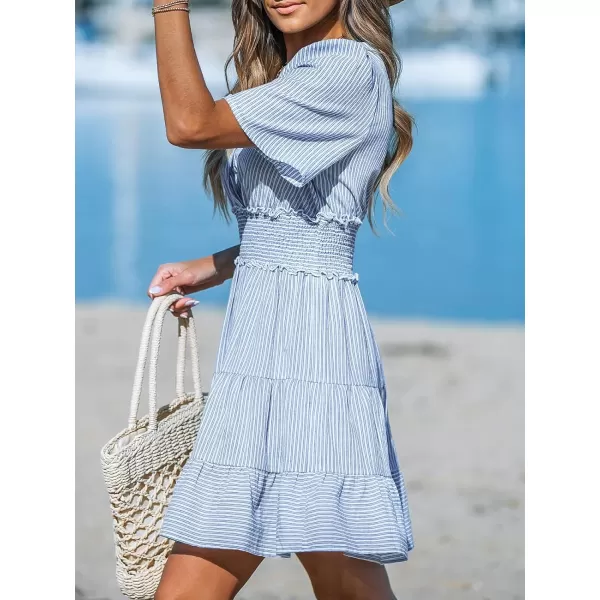 imageCUPSHE Womens Mini Dress Striped V Neck Short Sleeve Ruffled Smocked Waist Short Cotton A Line Beach DressesBlue Striped