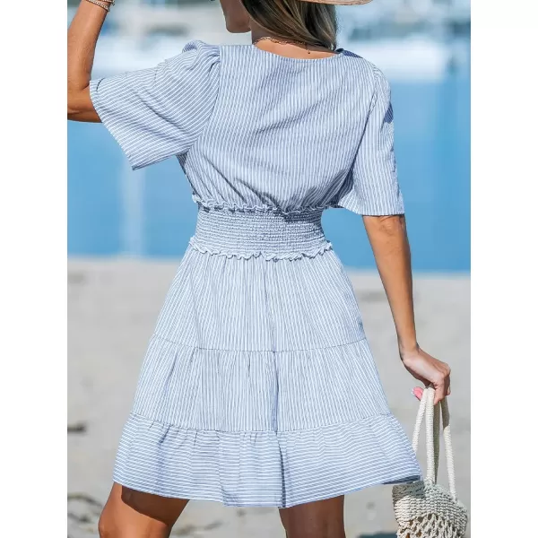 imageCUPSHE Womens Mini Dress Striped V Neck Short Sleeve Ruffled Smocked Waist Short Cotton A Line Beach DressesBlue Striped