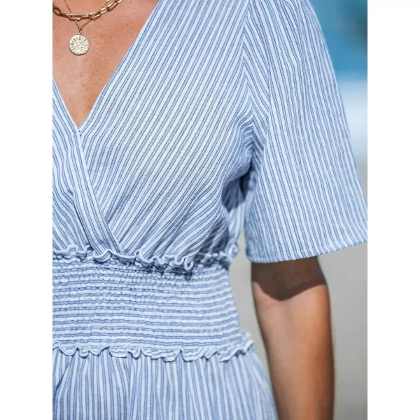 imageCUPSHE Womens Mini Dress Striped V Neck Short Sleeve Ruffled Smocked Waist Short Cotton A Line Beach DressesBlue Striped
