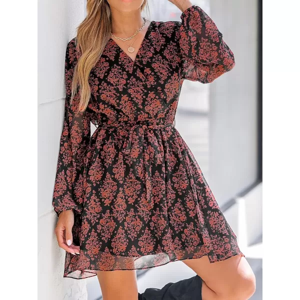 imageCUPSHE Womens Mini Dress Surplice V Neck Floral Print Belted Sheer Long Sleeve A Line Short Casual DressesBlack Floral