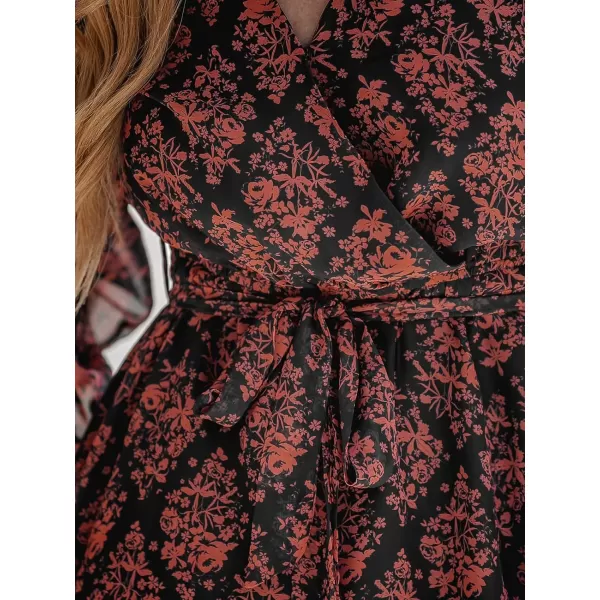 imageCUPSHE Womens Mini Dress Surplice V Neck Floral Print Belted Sheer Long Sleeve A Line Short Casual DressesBlack Floral