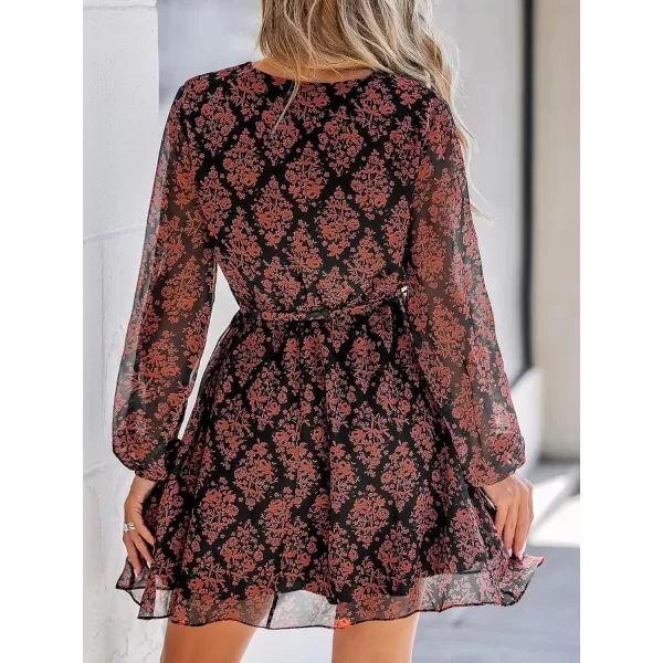 imageCUPSHE Womens Mini Dress Surplice V Neck Floral Print Belted Sheer Long Sleeve A Line Short Casual DressesBlack Floral