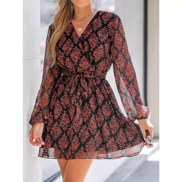 imageCUPSHE Womens Mini Dress Surplice V Neck Floral Print Belted Sheer Long Sleeve A Line Short Casual DressesBlack Floral