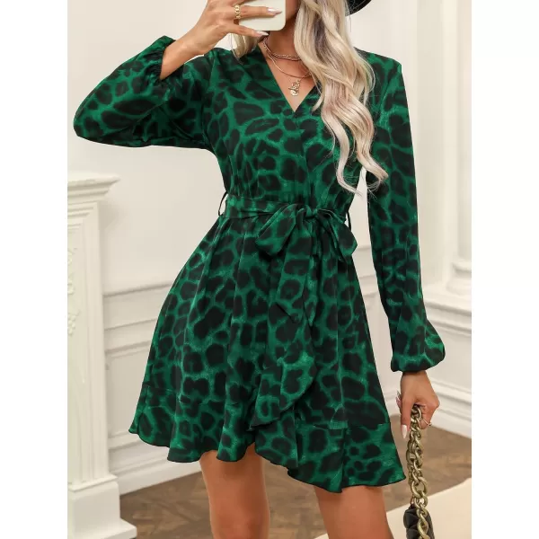 imageCUPSHE Womens Mini Dress V Neck Abstract Leopard Print Belted Ruffled Trim Long Peasant Sleeves A Line Short Casual DressesGreen Leopard