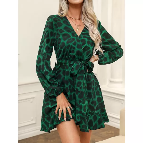 imageCUPSHE Womens Mini Dress V Neck Abstract Leopard Print Belted Ruffled Trim Long Peasant Sleeves A Line Short Casual DressesGreen Leopard