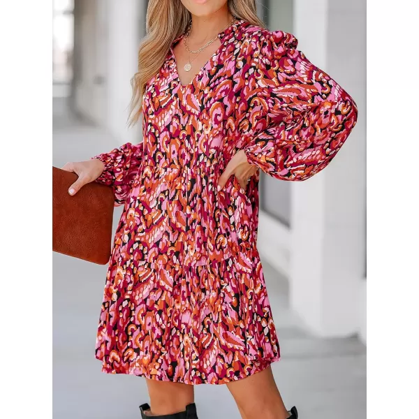 imageCUPSHE Womens Mini Dress V Neck Abstract Print Long Sleeve A Line Short Flowy Casual DressesPink