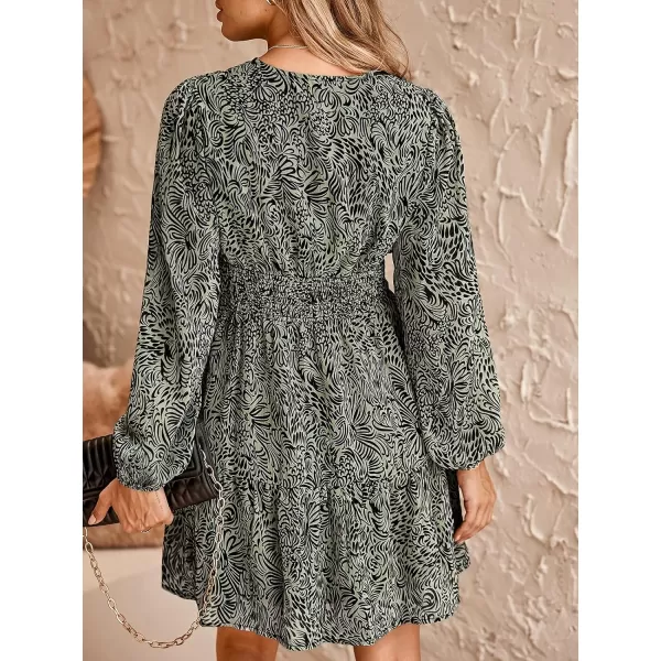 imageCUPSHE Womens Mini Dress V Neck Abstract Print Smocked Waist Long Peasant Sleeve Ruffled Hem A Line Short Casual DressesGreen Paisley