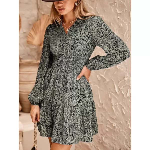 imageCUPSHE Womens Mini Dress V Neck Abstract Print Smocked Waist Long Peasant Sleeve Ruffled Hem A Line Short Casual DressesGreen Paisley