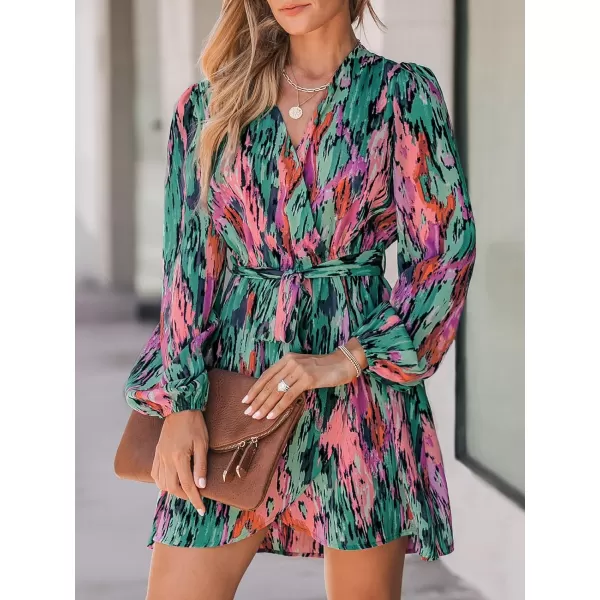 imageCUPSHE Womens Mini Dress V Neck Belted Abstract Print Long Peasant Sleeves Multicolor Loose Fit A Line Short Casual DressesGreen Paisley