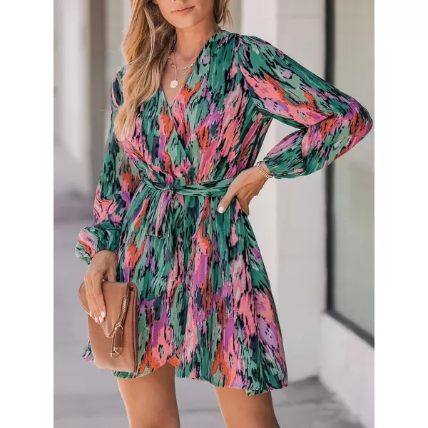 imageCUPSHE Womens Mini Dress V Neck Belted Abstract Print Long Peasant Sleeves Multicolor Loose Fit A Line Short Casual DressesGreen Paisley
