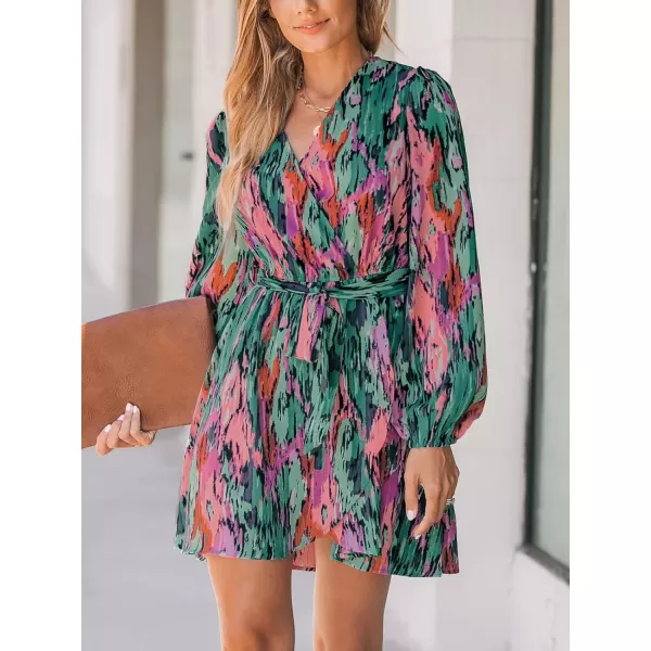 imageCUPSHE Womens Mini Dress V Neck Belted Abstract Print Long Peasant Sleeves Multicolor Loose Fit A Line Short Casual DressesGreen Paisley