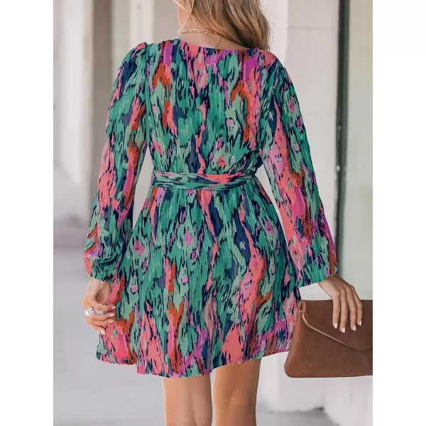 imageCUPSHE Womens Mini Dress V Neck Belted Abstract Print Long Peasant Sleeves Multicolor Loose Fit A Line Short Casual DressesGreen Paisley