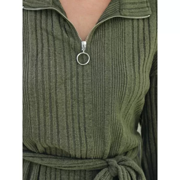 imageCUPSHE Womens Mini Dress V Neck Belted Ribbed PullZip Dropped Long Sleeves A Line Knit Casual DressOlive Green
