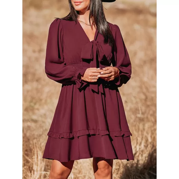 imageCUPSHE Womens Mini Dress V Neck Bow Tied Tiered Ruffled Long Trumpet Sleeve Smocked Waist A Line Casual DressBurgundy