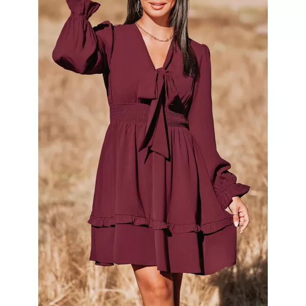 imageCUPSHE Womens Mini Dress V Neck Bow Tied Tiered Ruffled Long Trumpet Sleeve Smocked Waist A Line Casual DressBurgundy