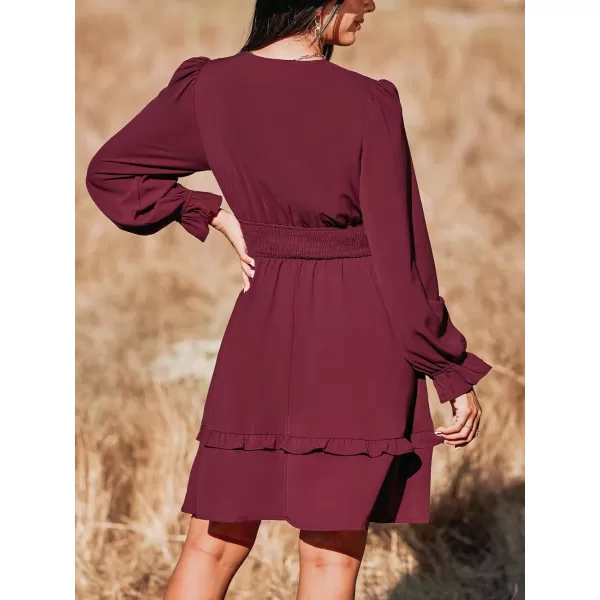 imageCUPSHE Womens Mini Dress V Neck Bow Tied Tiered Ruffled Long Trumpet Sleeve Smocked Waist A Line Casual DressBurgundy
