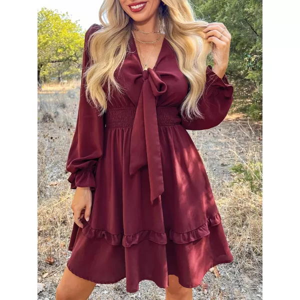 imageCUPSHE Womens Mini Dress V Neck Bow Tied Tiered Ruffled Long Trumpet Sleeve Smocked Waist A Line Casual DressBurgundy