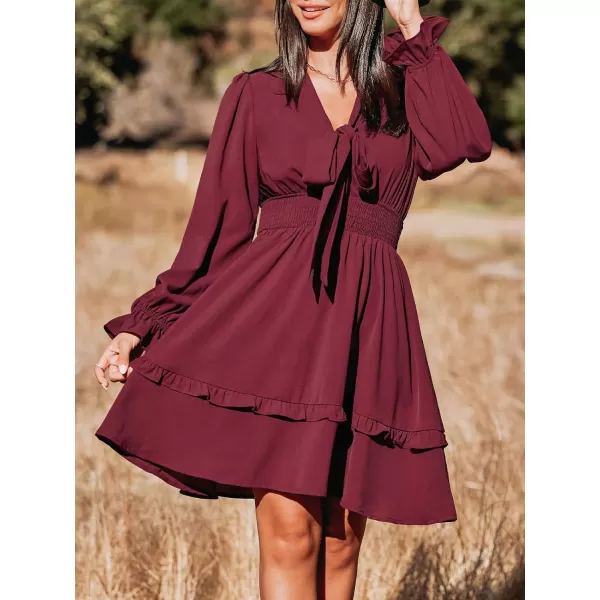 imageCUPSHE Womens Mini Dress V Neck Bow Tied Tiered Ruffled Long Trumpet Sleeve Smocked Waist A Line Casual DressBurgundy