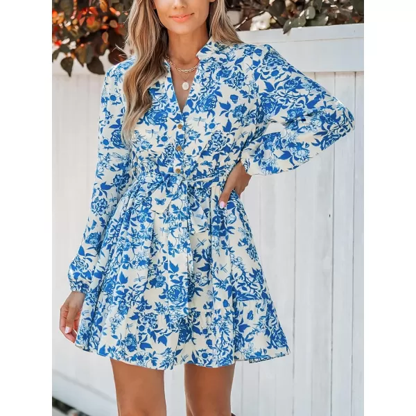 imageCUPSHE Womens Mini Dress V Neck Button Floral Print Belted Long Sleeve Flounce Hem A Line Short Casual DressesBlue