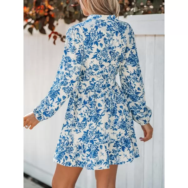 imageCUPSHE Womens Mini Dress V Neck Button Floral Print Belted Long Sleeve Flounce Hem A Line Short Casual DressesBlue