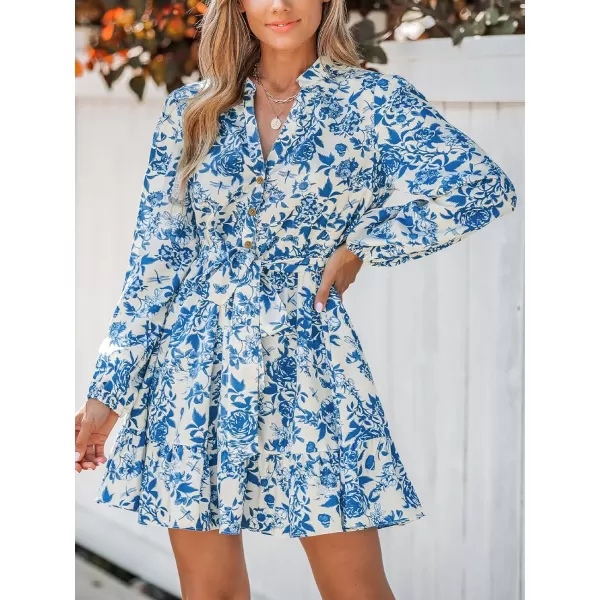 imageCUPSHE Womens Mini Dress V Neck Button Floral Print Belted Long Sleeve Flounce Hem A Line Short Casual DressesBlue