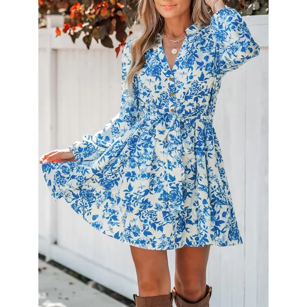 imageCUPSHE Womens Mini Dress V Neck Button Floral Print Belted Long Sleeve Flounce Hem A Line Short Casual DressesBlue