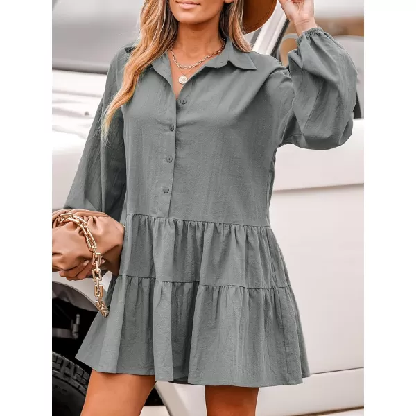imageCUPSHE Womens Mini Dress V Neck Button Front Flounce Hem Pleated Long Sleeves Loose Fit A Line Short Casual DressesGrey