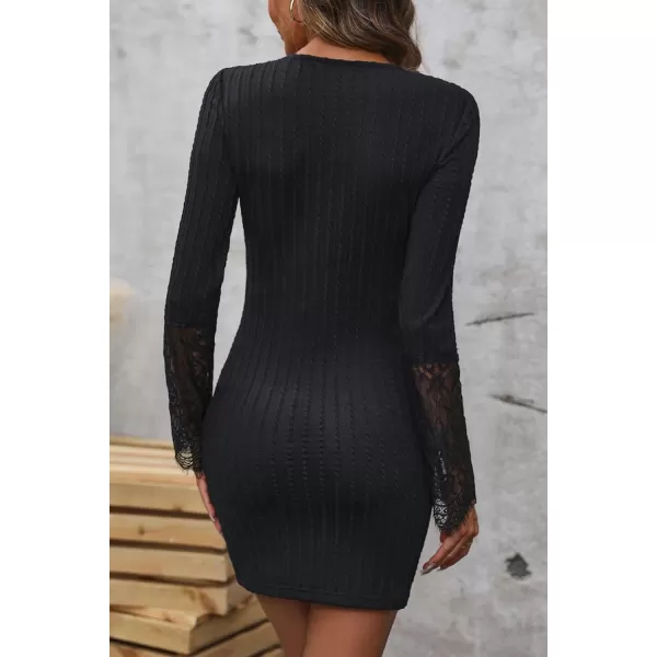 imageCUPSHE Womens Mini Dress V Neck Button Front Lace Short Bodycon Dress BlackBlack