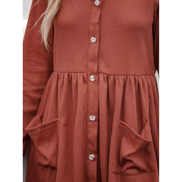 imageCUPSHE Womens Mini Dress V Neck Button Front Pleated A line Knitted Pockets Short Casual DressesBurnt Orange