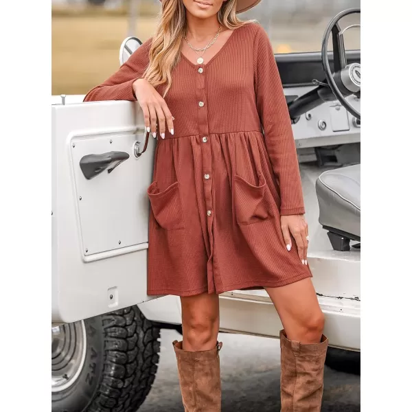 imageCUPSHE Womens Mini Dress V Neck Button Front Pleated A line Knitted Pockets Short Casual DressesBurnt Orange