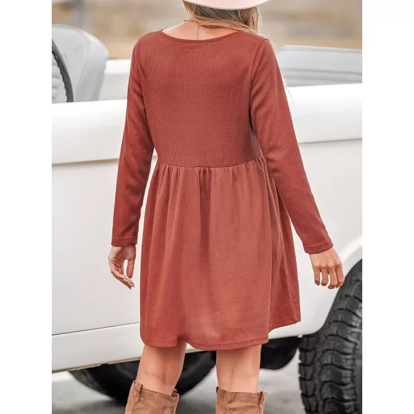 imageCUPSHE Womens Mini Dress V Neck Button Front Pleated A line Knitted Pockets Short Casual DressesBurnt Orange