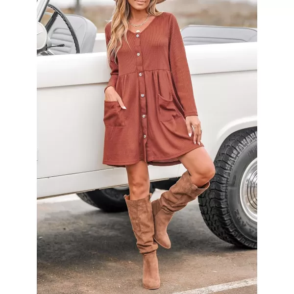 imageCUPSHE Womens Mini Dress V Neck Button Front Pleated A line Knitted Pockets Short Casual DressesBurnt Orange
