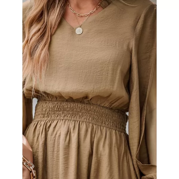 imageCUPSHE Womens Mini Dress V Neck Cut Out Long Loose Sleeve Smocked Ruffled Tiered Hem A Line Casual DressKhaki