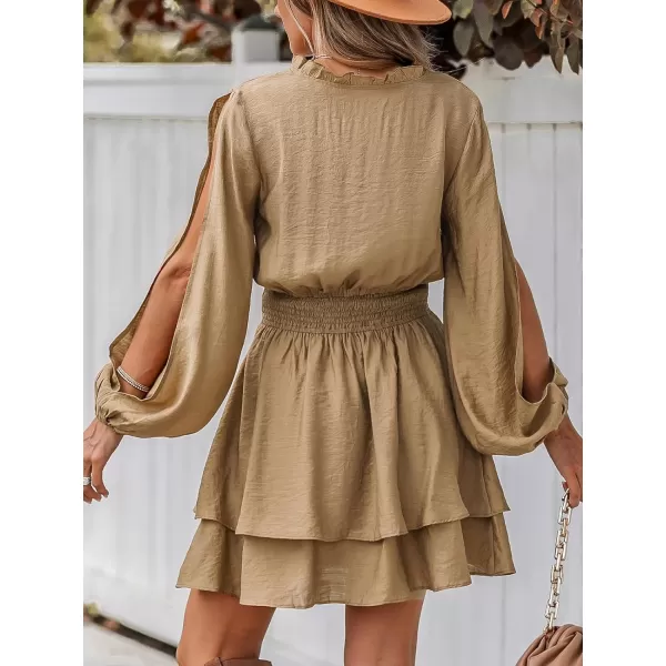 imageCUPSHE Womens Mini Dress V Neck Cut Out Long Loose Sleeve Smocked Ruffled Tiered Hem A Line Casual DressKhaki