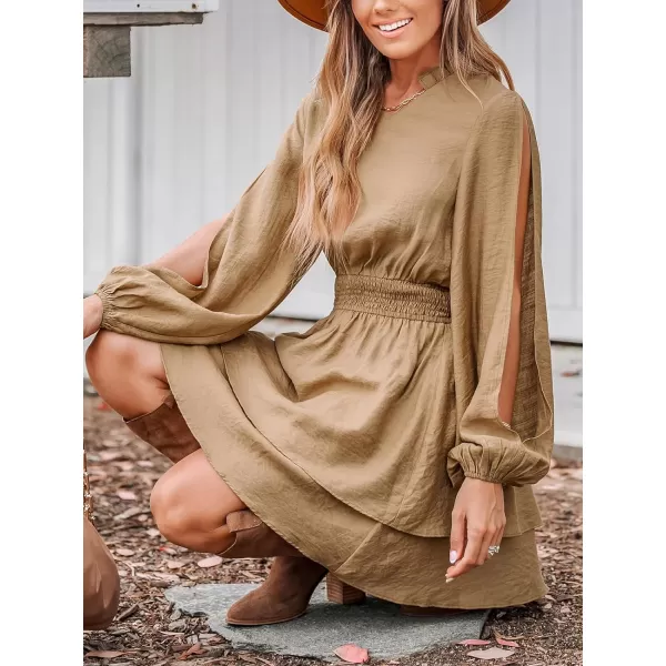 imageCUPSHE Womens Mini Dress V Neck Cut Out Long Loose Sleeve Smocked Ruffled Tiered Hem A Line Casual DressKhaki