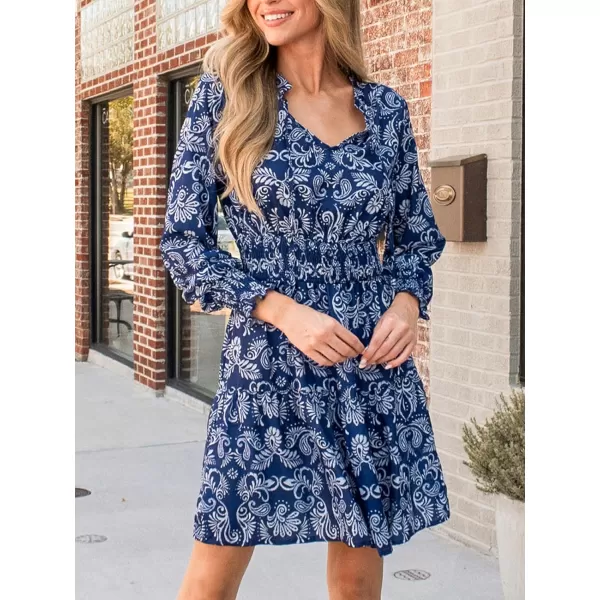 imageCUPSHE Womens Mini Dress V Neck Drawstring Paisley Print Smocked Waist Long Sleeve A Line Short Casual DressesBlue