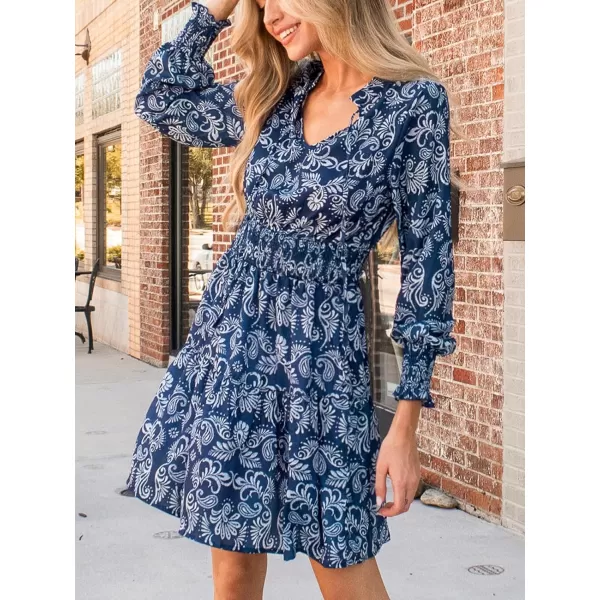 imageCUPSHE Womens Mini Dress V Neck Drawstring Paisley Print Smocked Waist Long Sleeve A Line Short Casual DressesBlue