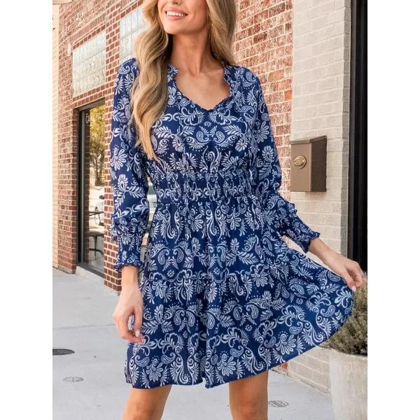 imageCUPSHE Womens Mini Dress V Neck Drawstring Paisley Print Smocked Waist Long Sleeve A Line Short Casual DressesBlue