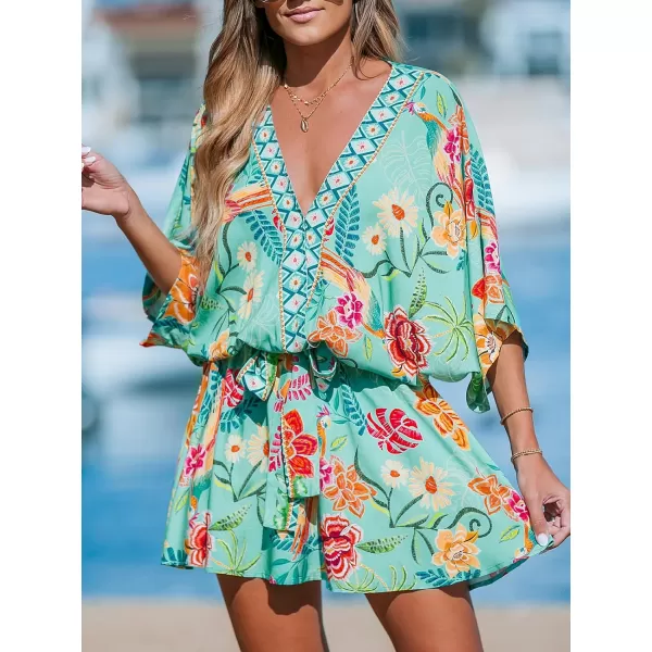 imageCUPSHE Womens Mini Dress V Neck Floral Half Dolman Sleeeve Belted Loose Fit Short Summer Beach DressMint Floral
