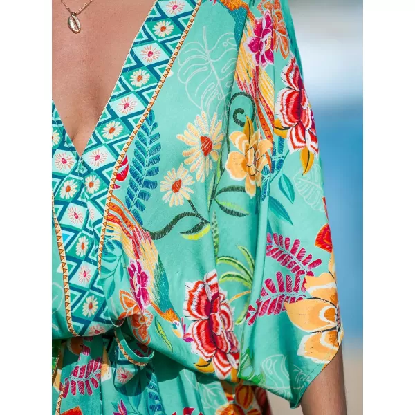 imageCUPSHE Womens Mini Dress V Neck Floral Half Dolman Sleeeve Belted Loose Fit Short Summer Beach DressMint Floral