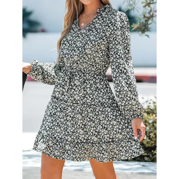 imageCUPSHE Womens Mini Dress V Neck Floral Print Drawstring Long Sleeve High Waist Fitted A Line Short DressesBlack