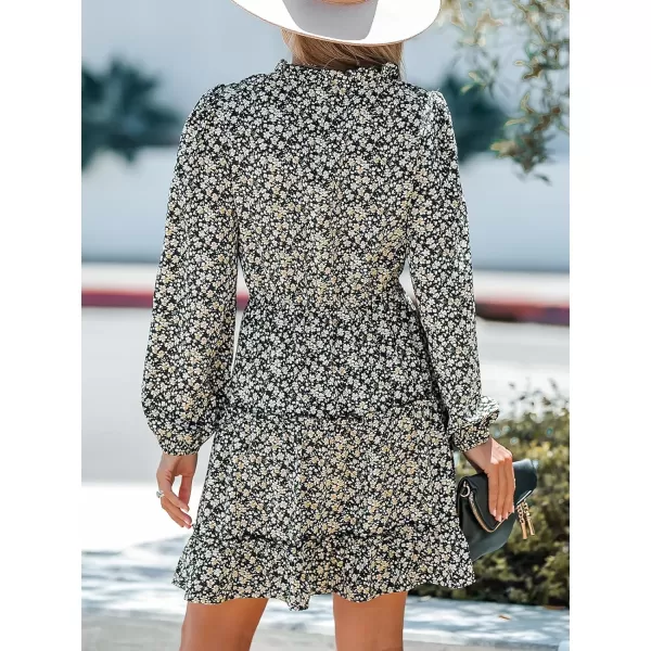 imageCUPSHE Womens Mini Dress V Neck Floral Print Drawstring Long Sleeve High Waist Fitted A Line Short DressesBlack