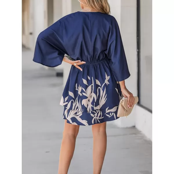 imageCUPSHE Womens Mini Dress V Neck Floral Print Elastic Waist Long Sleeves Loose Fit A Line Short Casual DressesNavy Blue
