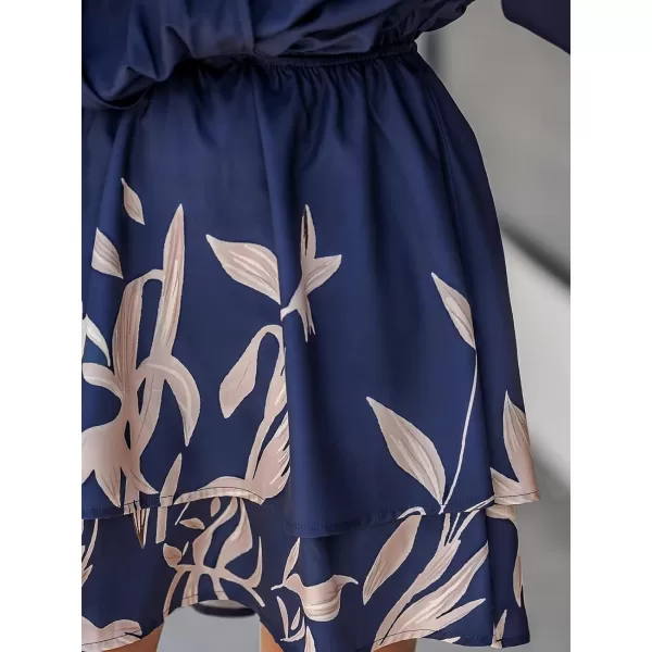 imageCUPSHE Womens Mini Dress V Neck Floral Print Elastic Waist Long Sleeves Loose Fit A Line Short Casual DressesNavy Blue