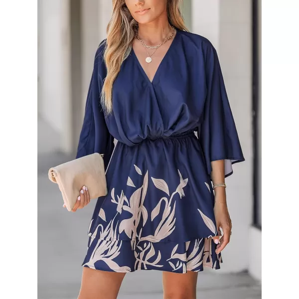 imageCUPSHE Womens Mini Dress V Neck Floral Print Elastic Waist Long Sleeves Loose Fit A Line Short Casual DressesNavy Blue