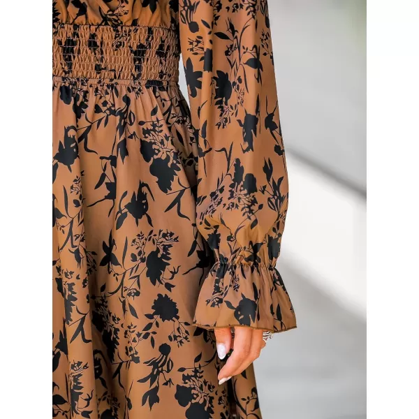 imageCUPSHE Womens Mini Dress V Neck Floral Print Smocked Waist Ruffled Long Sleeve Ruching Short A Line DressesCamel