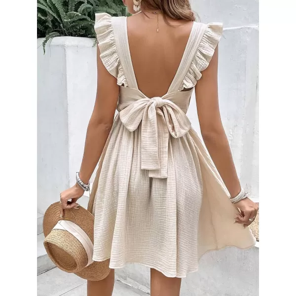 imageCUPSHE Womens Mini Dress V Neck Flutter Sleeve Cotton Self Tie Back A Line Short Summer Cover Up DressBeige